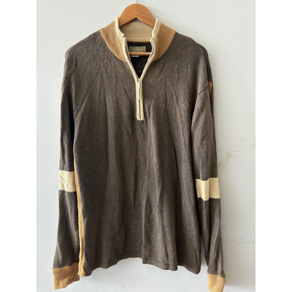 The Territory Ahead Sweater Mens XL Brown 1/4 Zip Mock Neck Pullover Stripe Knit